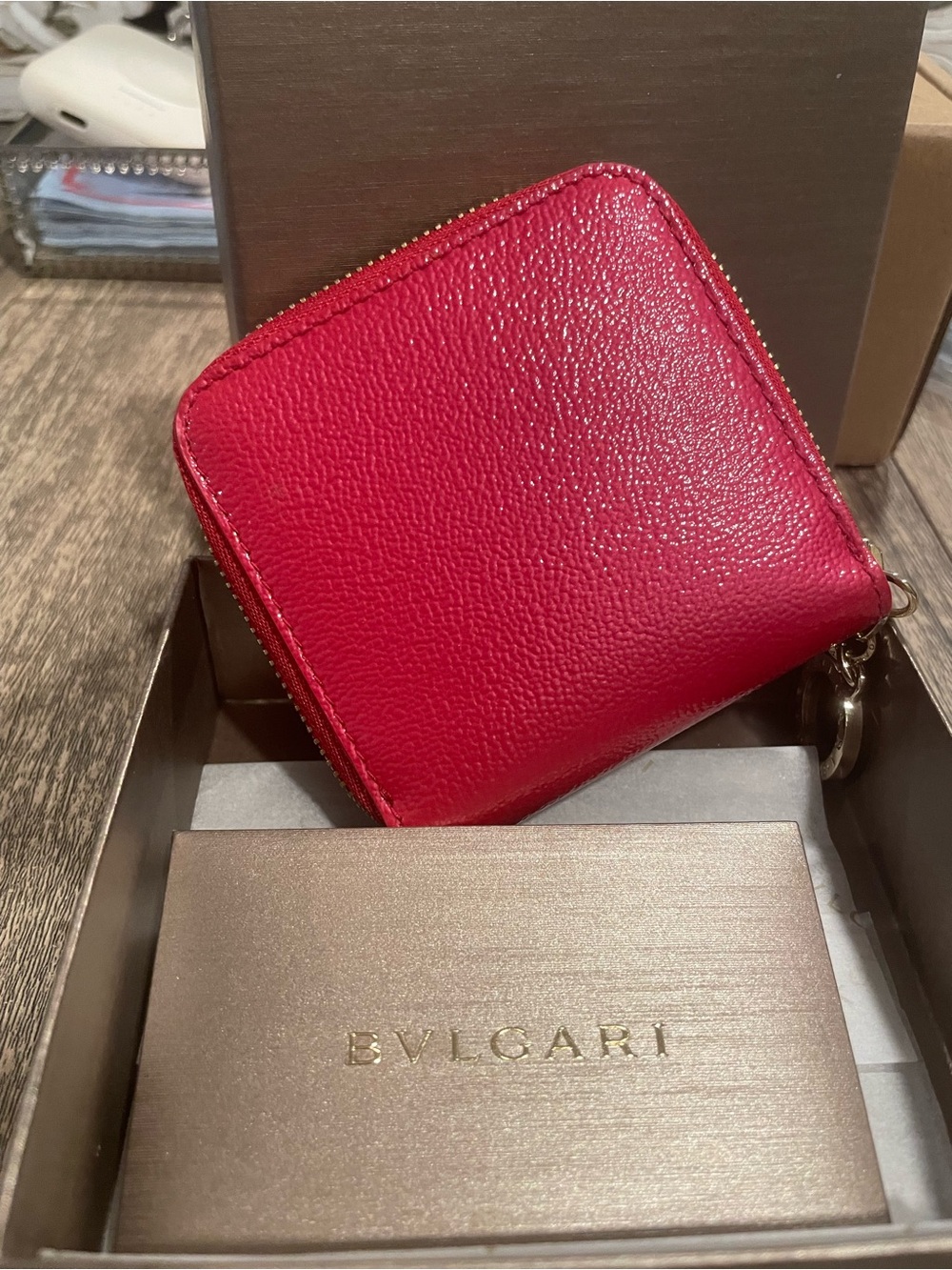 Bulgari Fuchsia Pebble-Grain Coin Case with Gold Hardware